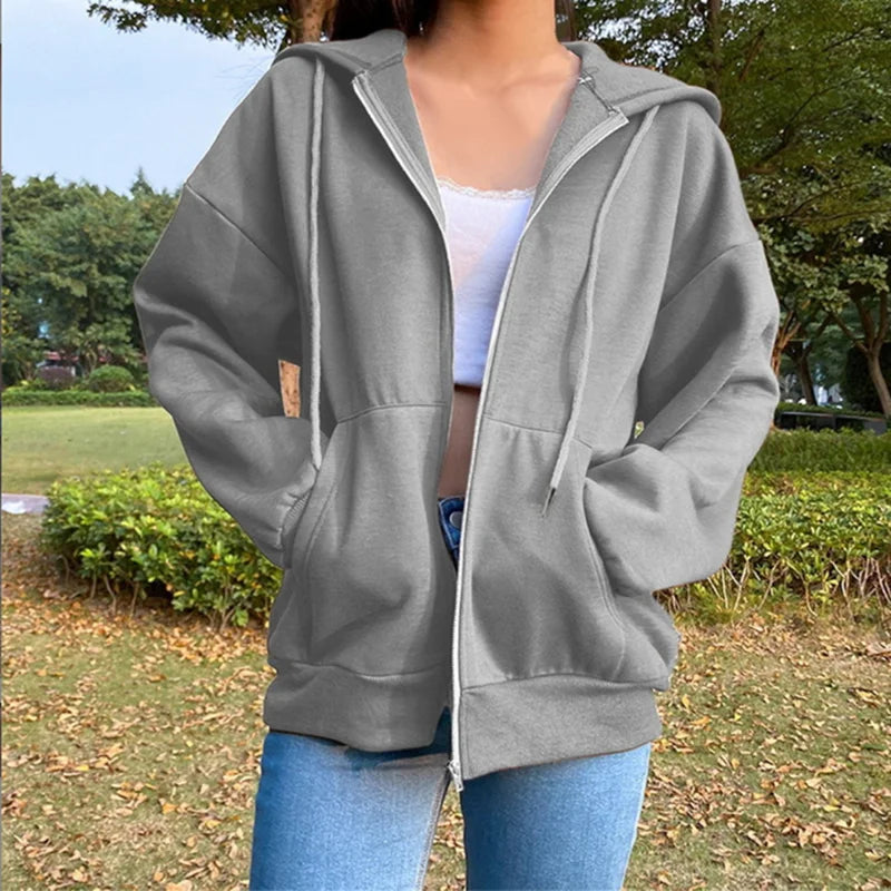 Autumn Fleece Hoodie Solid Color Hooded Korean Fashion Sweatshirts Long Sleeve Top Drawstring Pockets Loose Zipper Black Hoodies