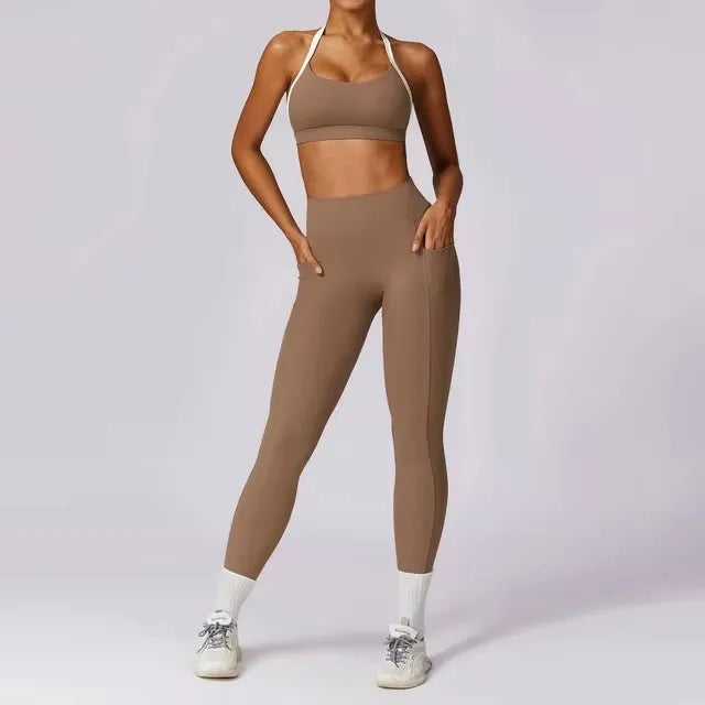 Legging Yoga Set 2PCS Women Sportswear Push Up Workout Clothes Athletic Wear Gym Legging Fitness Bra Crop Top Long Sleeve Sports Suits