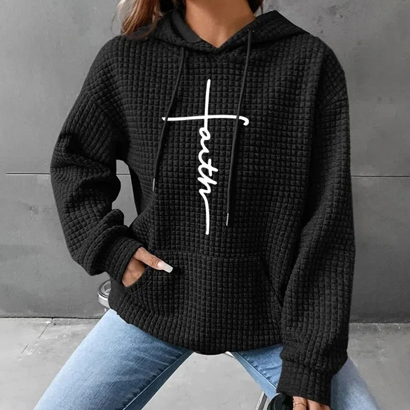 Fashionable Loose English Pattern Printed Hoodie Women's Street Style Polyester Waffle Fabric Long Sleeve Mid-Length Sweatshirt