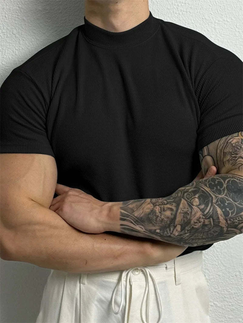 T-shirt Small high collar stripe shirt short sleeve fitness top leisure sport T-shirt Men sportswear