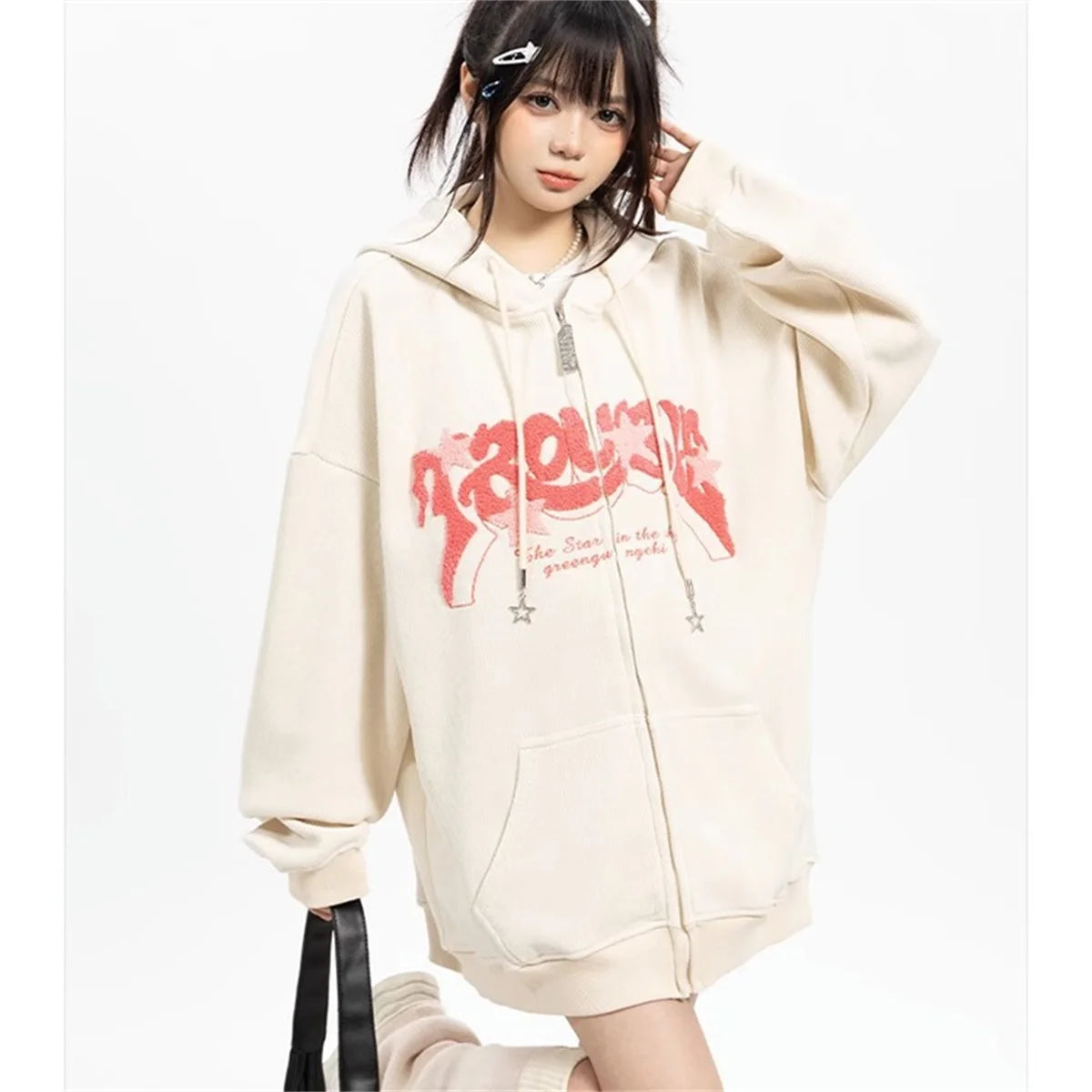 Hoodies Women Fashion Embroidery Zip Up Autumn Long Sleeve Tops Loose Hood Shirt Harajuku Y2K Clothes Female Sweatshirt Jacket