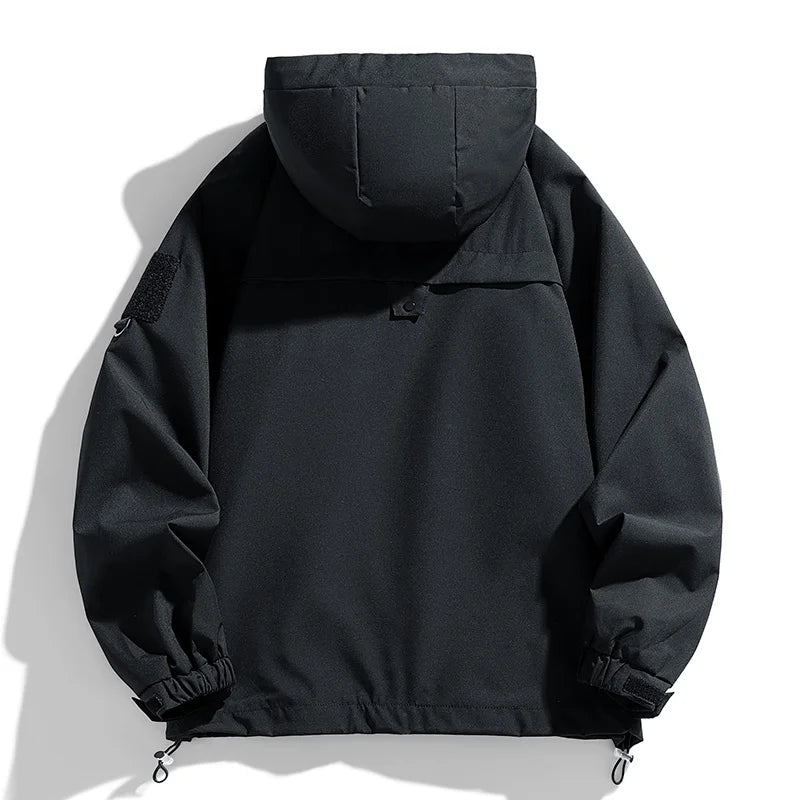 JUMPER Windbreakers Men Hooded Jacket Zipper Coat Cargo Waterproof Black Bomber Camping Loose Thin Softshell Hooded Hiking Jacket