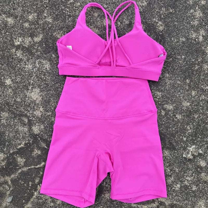 Legging Solid Color Gym Bike Yoga Set Short Legging Cross Back Sport Bra 2pc Tracksuit Athletic Women Gym Suit Comprehensive Training Jo