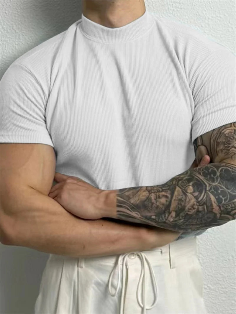 T-shirt Small high collar stripe shirt short sleeve fitness top leisure sport T-shirt Men sportswear