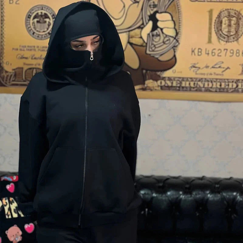 JUMPER Men and women Balaclava Y2K Gothic Harajuku winter new item double hooded sweatshirt men's hooded mask zipper sportswear