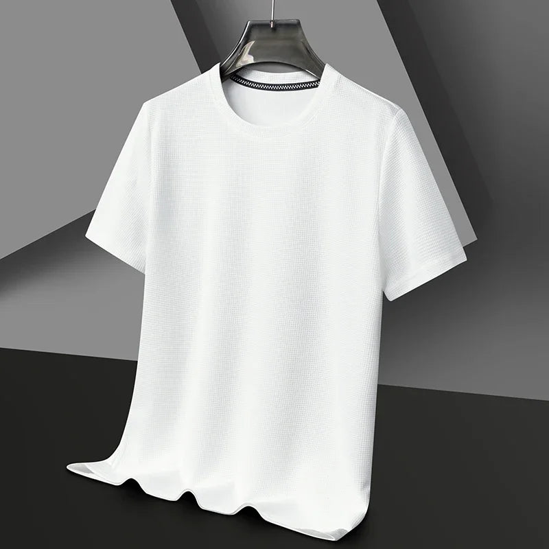 Men Short Sleeve Waffle round Neck Short Sleeve T-Shirt Comfortable Breathable Short-Sleeved Top for Casual Wear