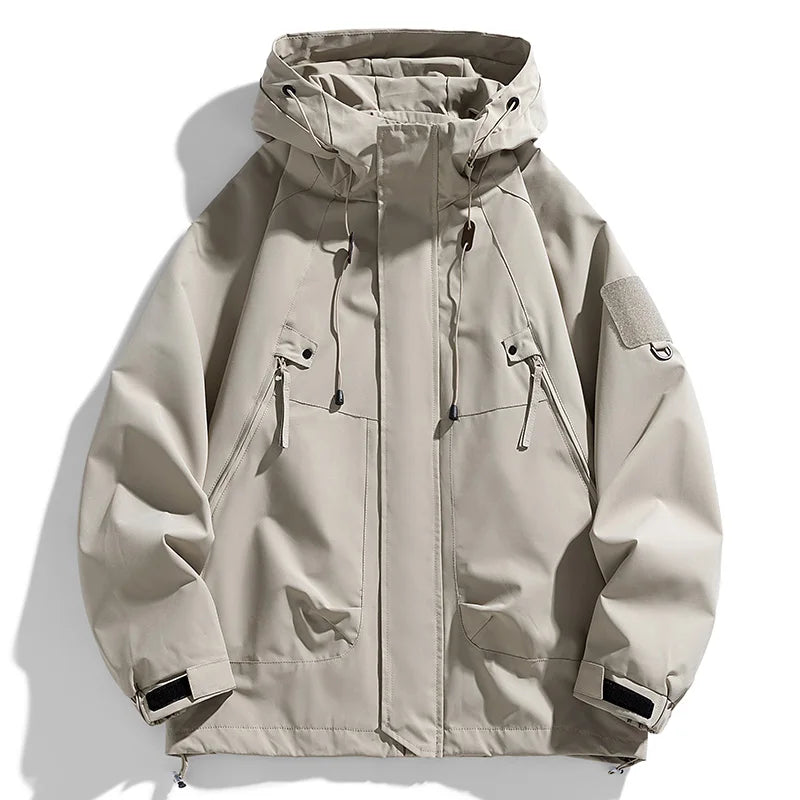 JUMPER Windbreakers Men Hooded Jacket Zipper Coat Cargo Waterproof Black Bomber Camping Loose Thin Softshell Hooded Hiking Jacket