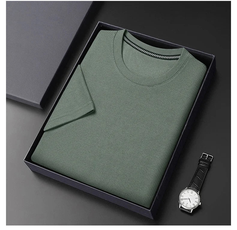 Men Short Sleeve Waffle round Neck Short Sleeve T-Shirt Comfortable Breathable Short-Sleeved Top for Casual Wear