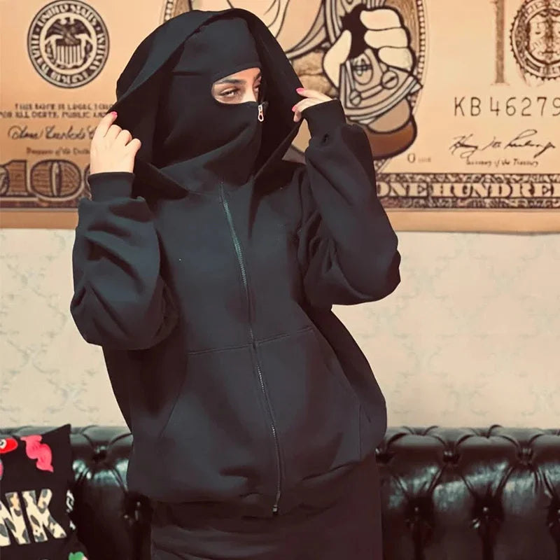 JUMPER Men and women Balaclava Y2K Gothic Harajuku winter new item double hooded sweatshirt men's hooded mask zipper sportswear