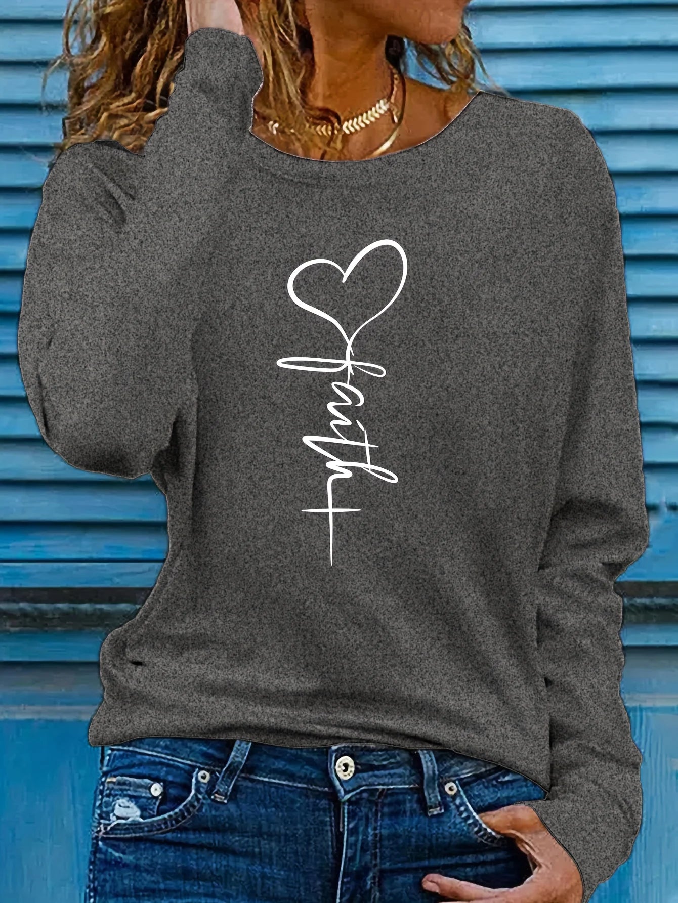 Faith Print Crew Neck T shirt Casual Long Autumn winter top women's long sleeved T-shirt loose comfortable black white