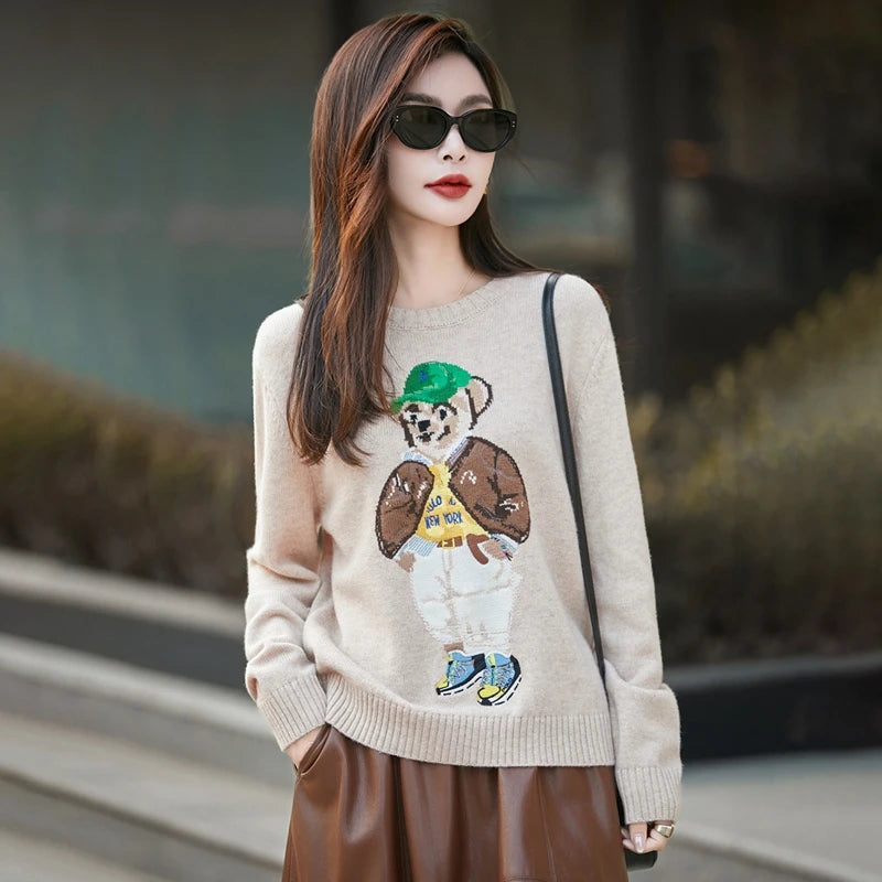 Korean Bear Embroidery Thickened Woolen Knitted Sweater Women's Base Layer Shirt Anti-Aging Sweater Fresh Sweet Style Princes...