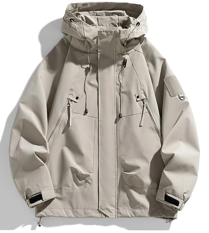 JUMPER Windbreakers Men Hooded Jacket Zipper Coat Cargo Waterproof Black Bomber Camping Loose Thin Softshell Hooded Hiking Jacket