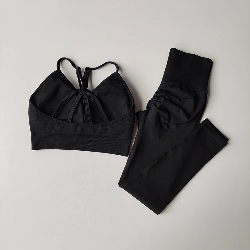 Legging Seamless Hip Lifting Fitness Set Women's V-neck Bra Leggings Yoga Set Quick Drying Exercise Iron Massage High Fat Tight Pants
