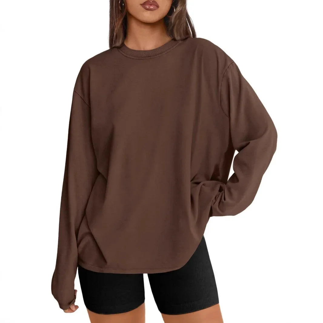 Long Sleeve Crew Neck Solid Color T-Shirt for Women Comfortable Cotton Top Fashionable