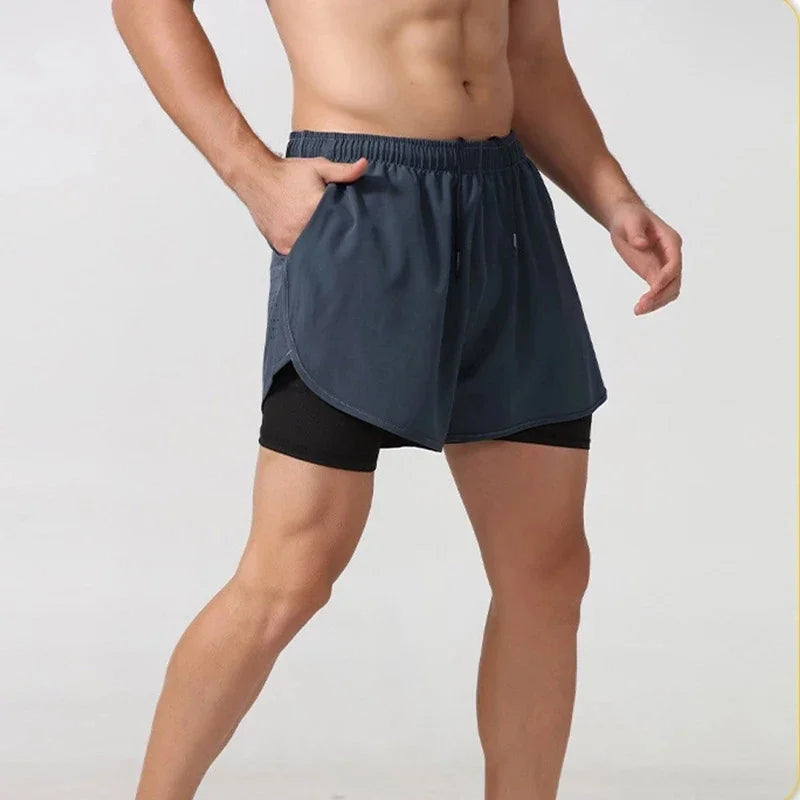 Shorts 2 In 1 Fitness Training Gym Sports Short Pants Quick Dry Built-in Pocket Double-deck Beach Bottom Summer Shorts Men