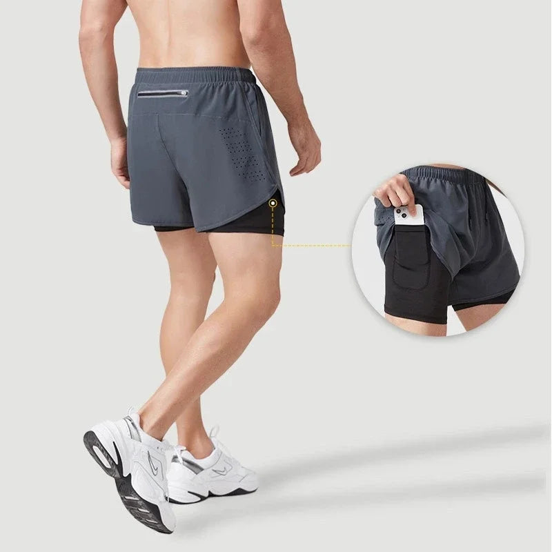 Shorts 2 In 1 Fitness Training Gym Sports Short Pants Quick Dry Built-in Pocket Double-deck Beach Bottom Summer Shorts Men