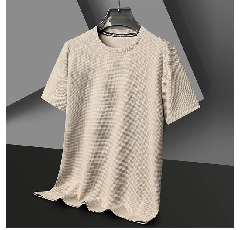 Men Short Sleeve Waffle round Neck Short Sleeve T-Shirt Comfortable Breathable Short-Sleeved Top for Casual Wear