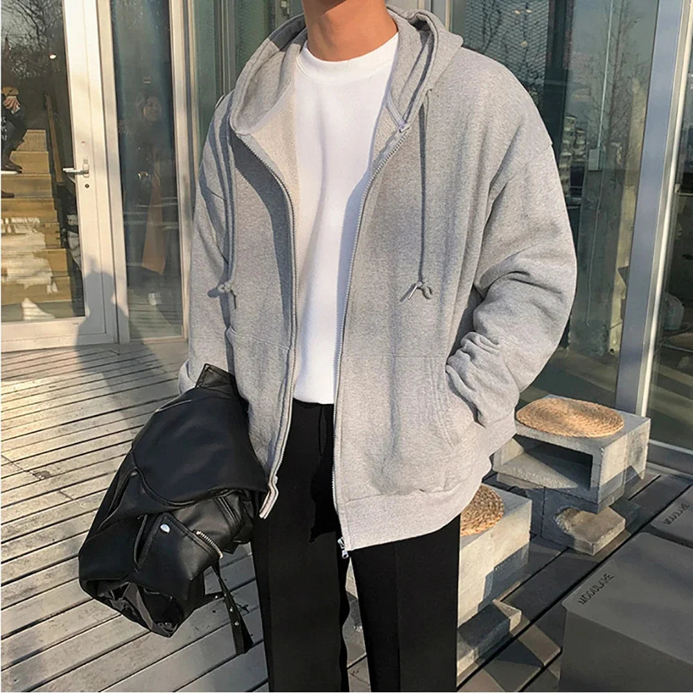 JUMPER High Street Hoodie Men Solid Color Zip Up Long Sleeve Loose Jacket Coats Casual Hooded Sweatshirt Y2K Fashion Outdoor Clothes