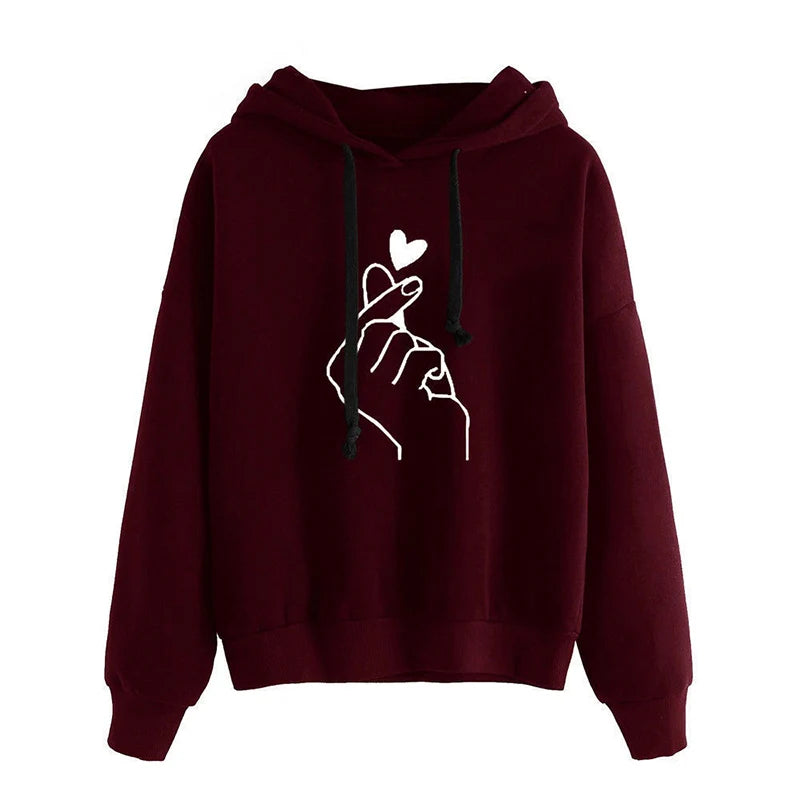 Hoodies Women Solid Color Finger Heart Hooded Korean Fashion Sweatshirts Long Sleeve Top Drawstring Pockets Loose Hoodies
