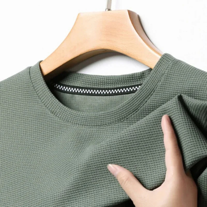Men Short Sleeve New Summer Waffle Round Neck Short Sleeved T-shirt for Men's Short Sleeved Top