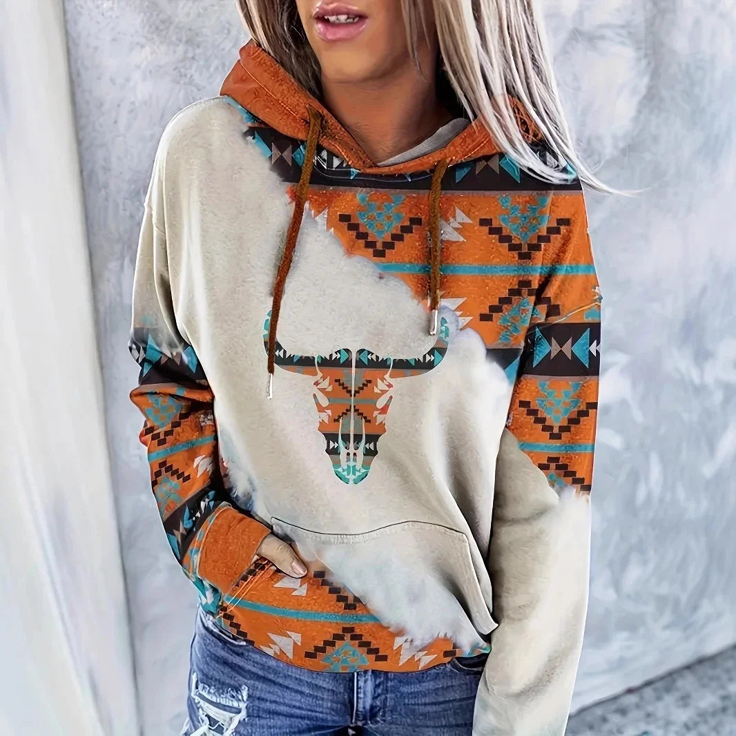 Ladies Aztec Print Hoodie Sweatshirt Casual Sportswear Full Sleeve Winter Comfortable Polyester Blend Hooded T-Shirt