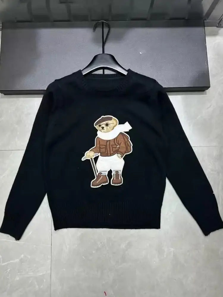 High Quality Fall Winter New Fashion Lazy Cartoon Bear Embroidery Loose Knitted Sweater Tops Women Casual Pullover Sweater Pull