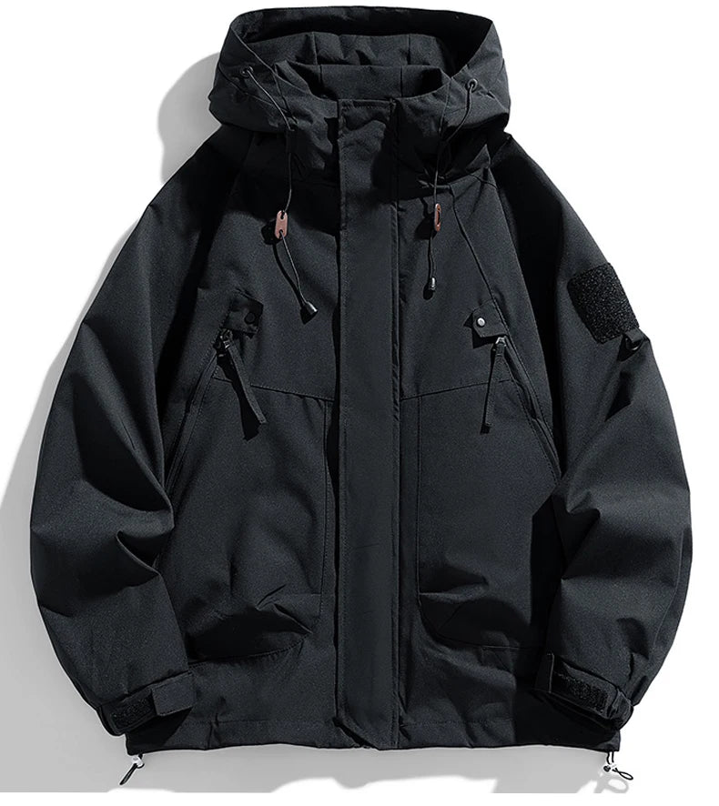 JUMPER Windbreakers Men Hooded Jacket Zipper Coat Cargo Waterproof Black Bomber Camping Loose Thin Softshell Hooded Hiking Jacket