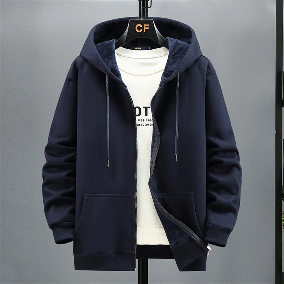 JUMPER Big Size Hoodie Men Autumn Winter Fleece Hoodies Solid Color Jacket Zip Up Hoodies 12XL Blue Black Red Grey