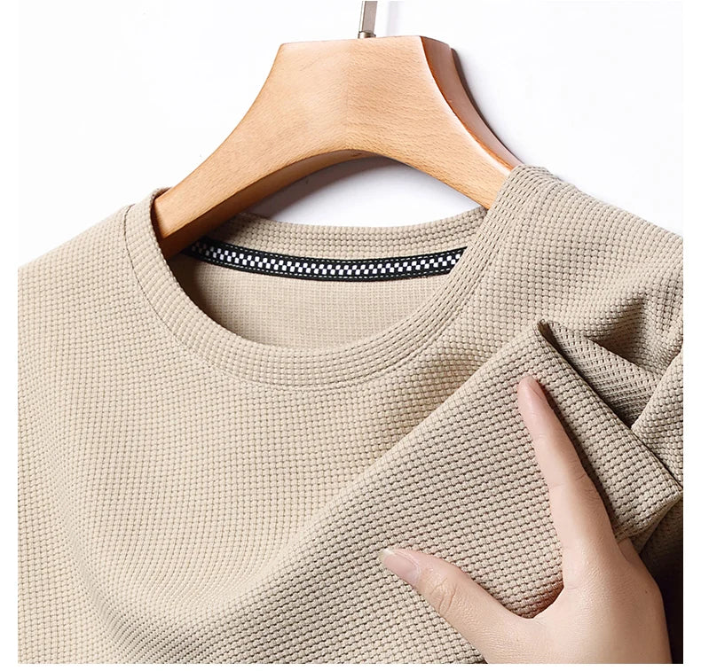 Men Short Sleeve Waffle round Neck Short Sleeve T-Shirt Comfortable Breathable Short-Sleeved Top for Casual Wear