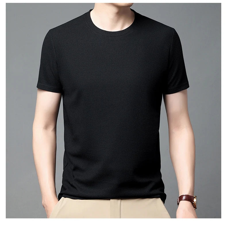 Men Short Sleeve New Summer Waffle Round Neck Short Sleeved T-shirt for Men's Short Sleeved Top