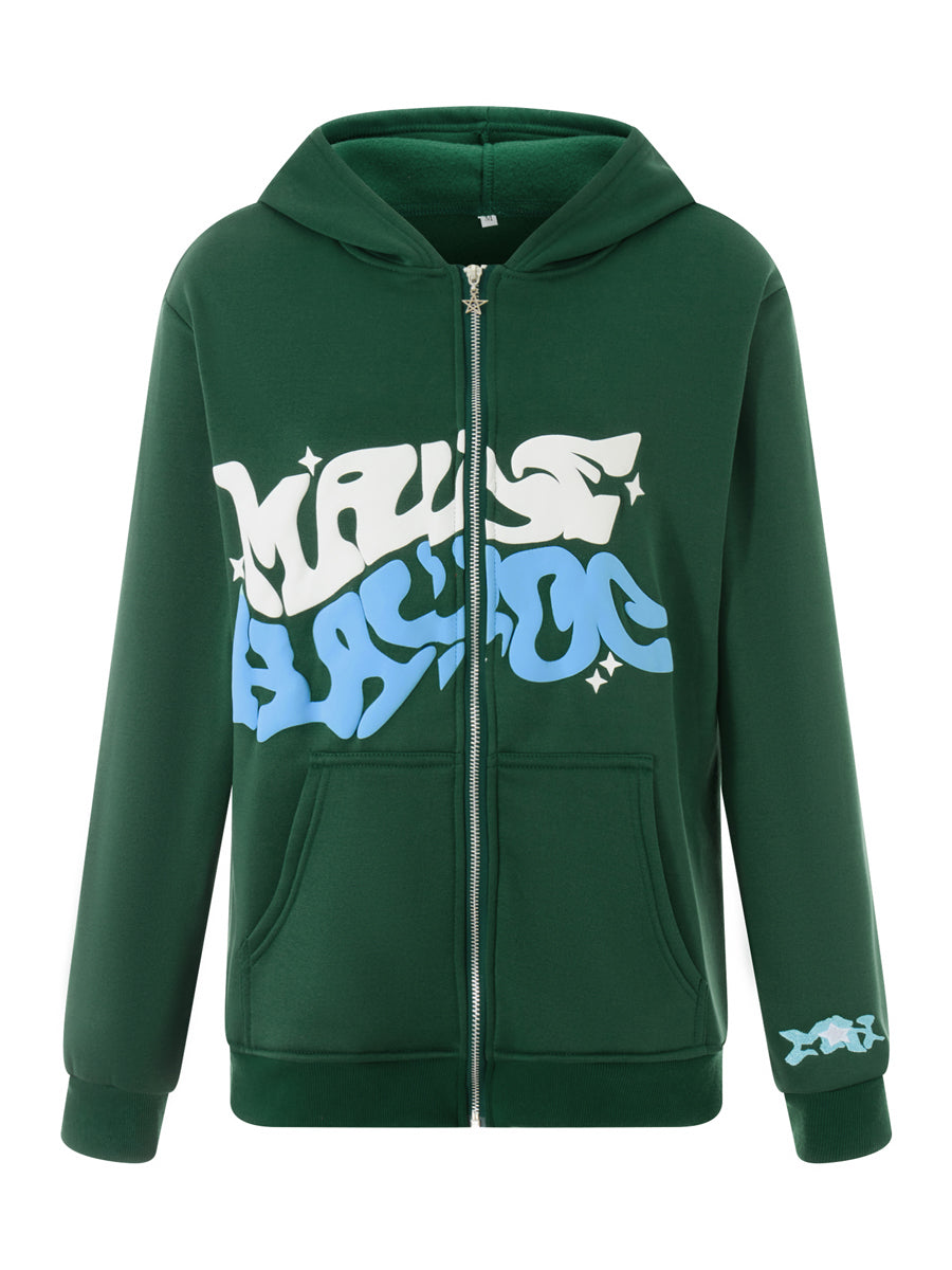 Hoodies Women Long Sleeve Letters Print Zipper Closure Sweatshirt Jacket with Pockets