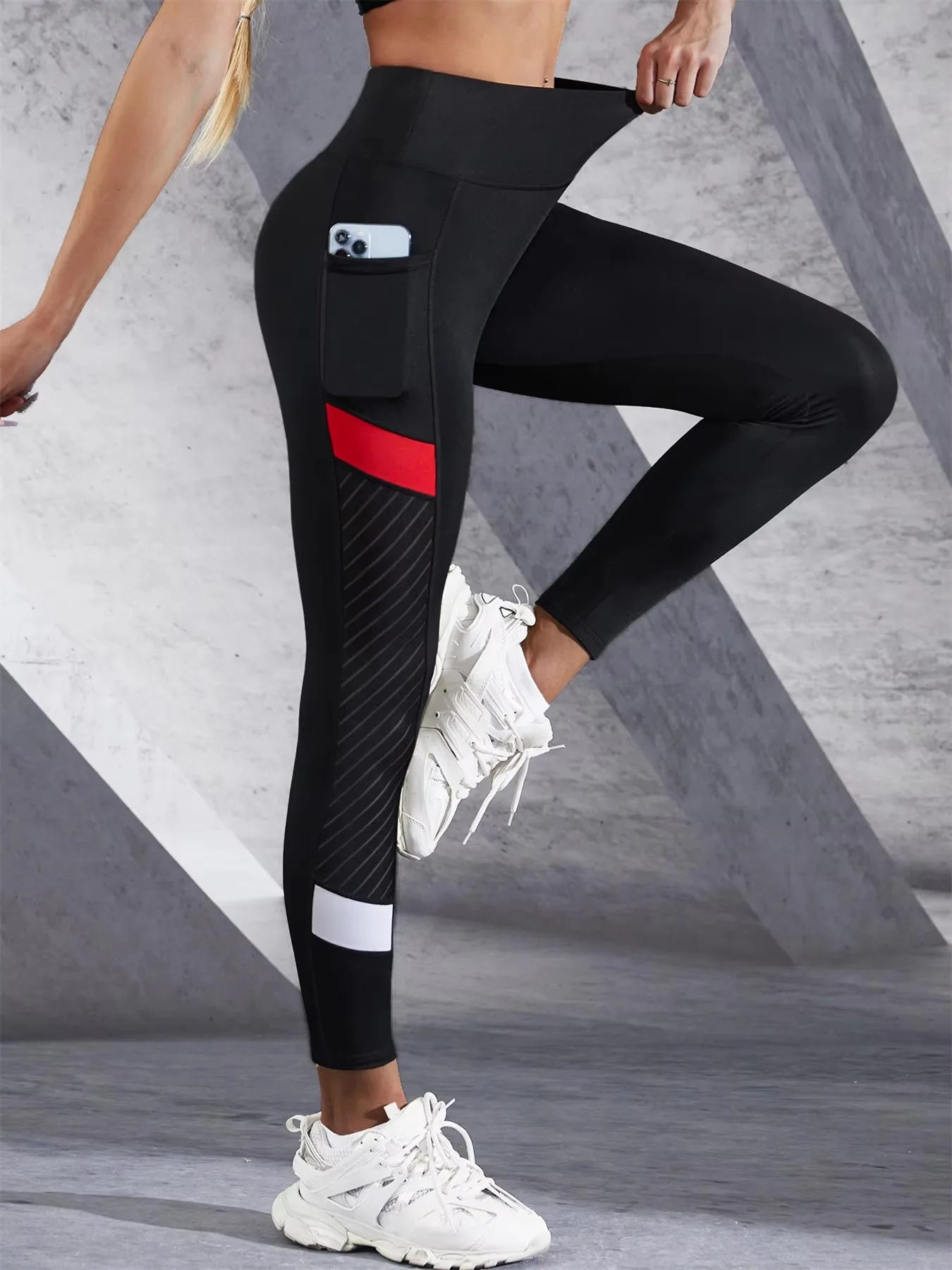 Leggings Colorblocked Mesh High Waist Yoga Pants with Side Pockets Leggings for Women Tummy Control Workout Shaping Leggings