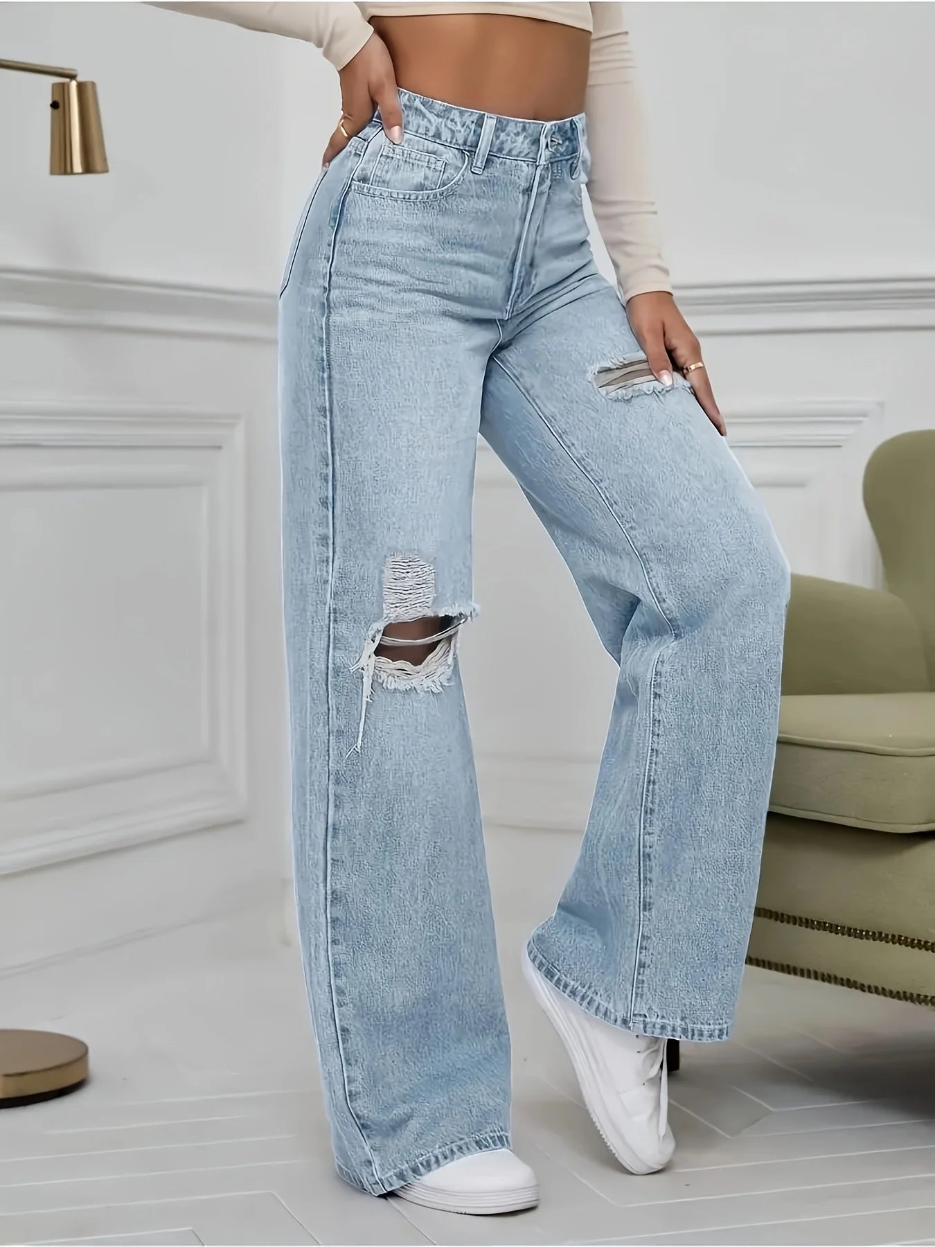 Plus size women's jeans fashion stretch ripped trousers j classic five-pocket cut jeans