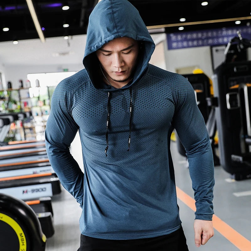 T-shirts Mens Fitness Tracksuit Running Sport Hoodie Gym Joggers Hooded Outdoor Workout Shirts Tops Clothing Muscle Training Sweatshirt