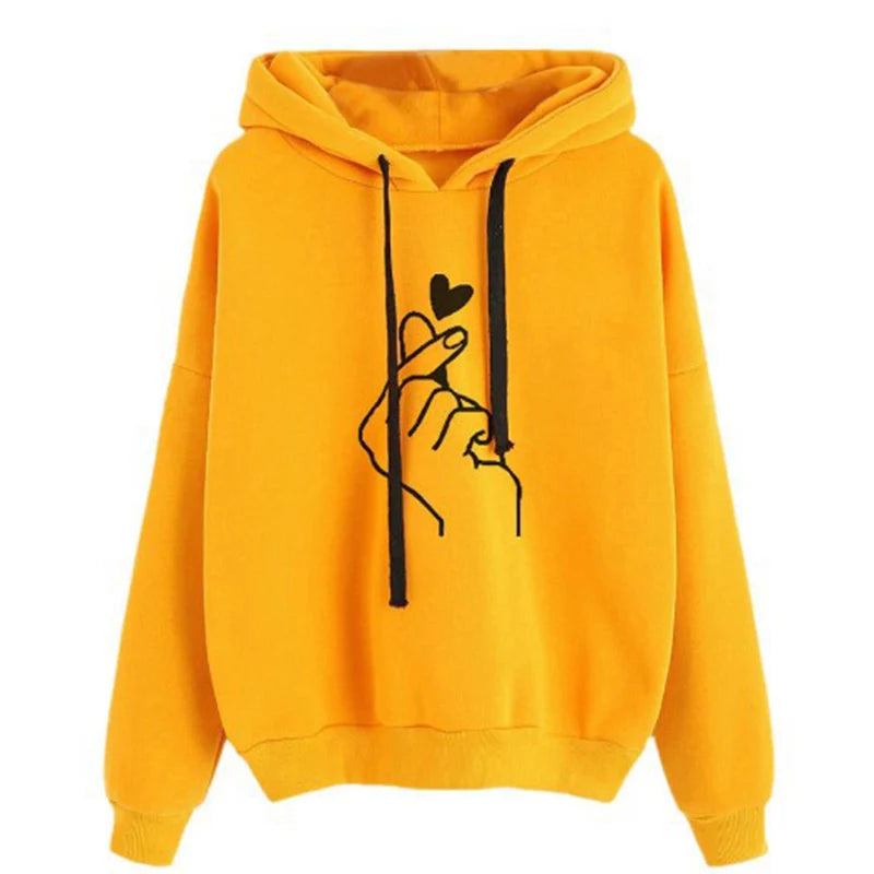 Hoodies Women Solid Color Finger Heart Hooded Korean Fashion Sweatshirts Long Sleeve Top Drawstring Pockets Loose Hoodies