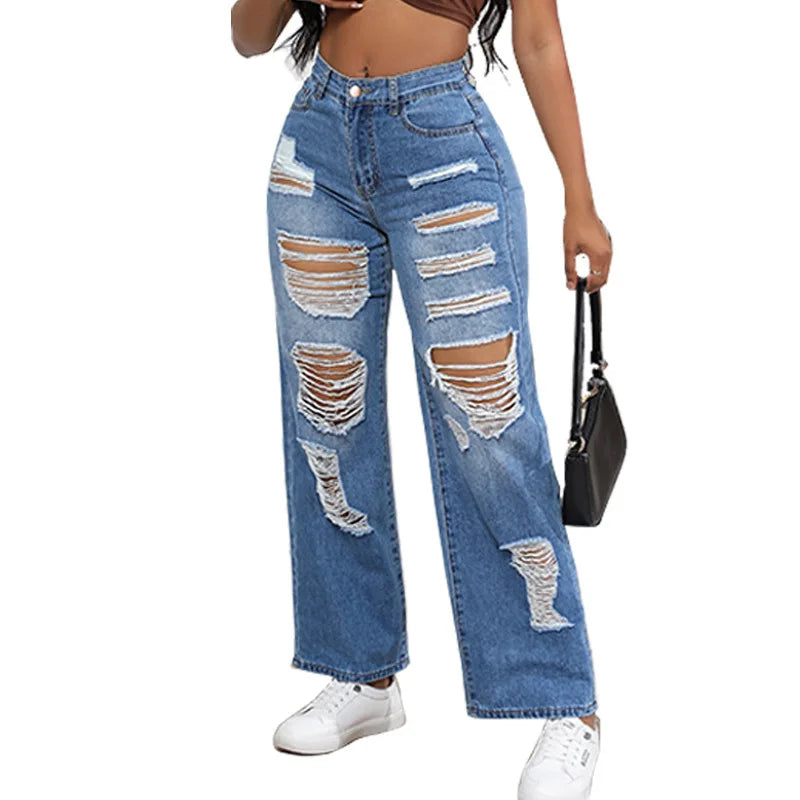 High Waist Ripped Jeans for Women European Straight Leg Blue Cotton High Elastici Faionable Tear Jeans Women's High Waist