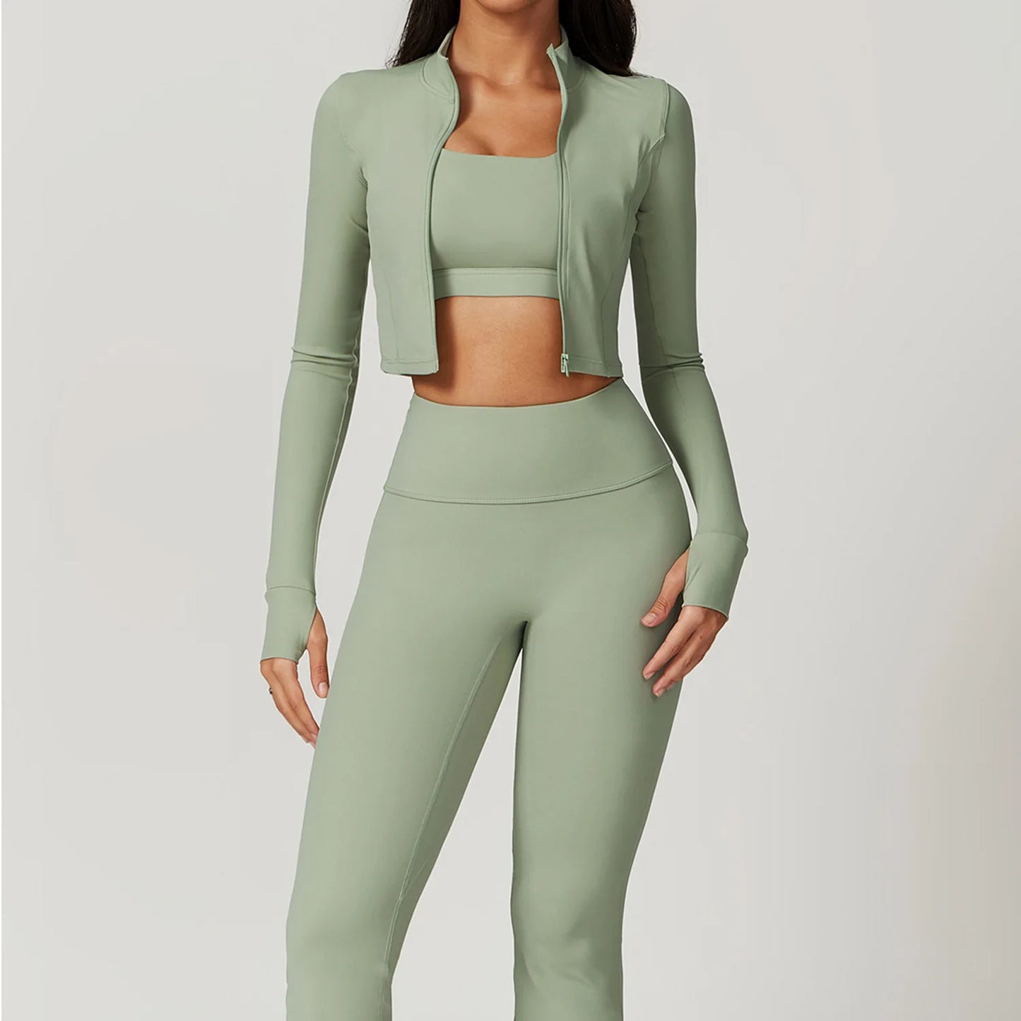 Legging 3PCS Yoga Set Women Workout Sets Sportswear Gym Clothing Fitness zipper Long Sleeve High Waist Leggings Sports Suits Yoga Suit