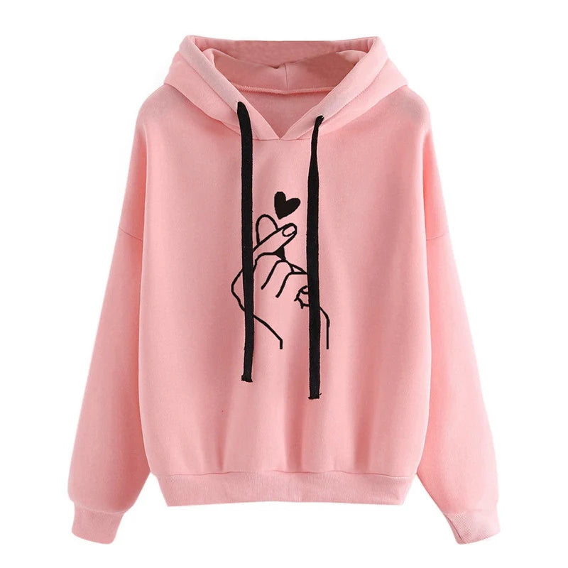 Hoodies Women Solid Color Finger Heart Hooded Korean Fashion Sweatshirts Long Sleeve Top Drawstring Pockets Loose Hoodies