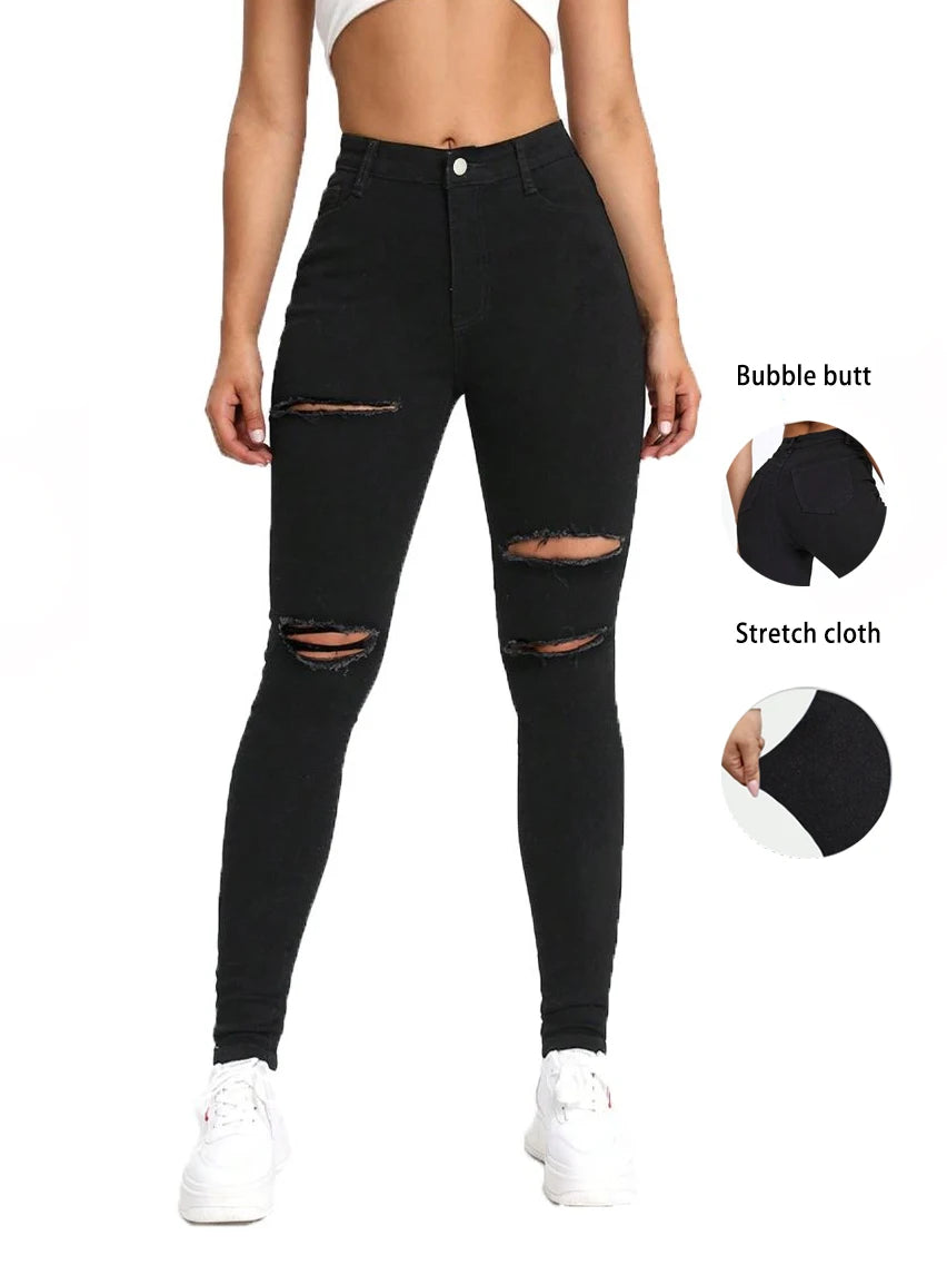 Ins Lady High Waisted Stretchy Skinny Jeans | Girls Ripped Design Trendy Versatile Timeless Casual Fashion Denim Pants