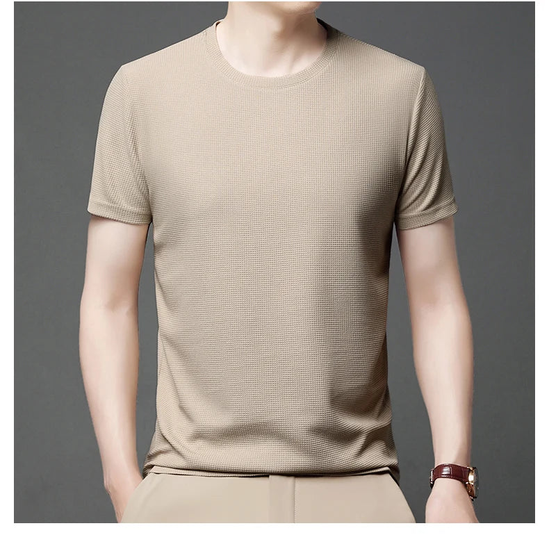 Men Short Sleeve New Summer Waffle Round Neck Short Sleeved T-shirt for Men's Short Sleeved Top