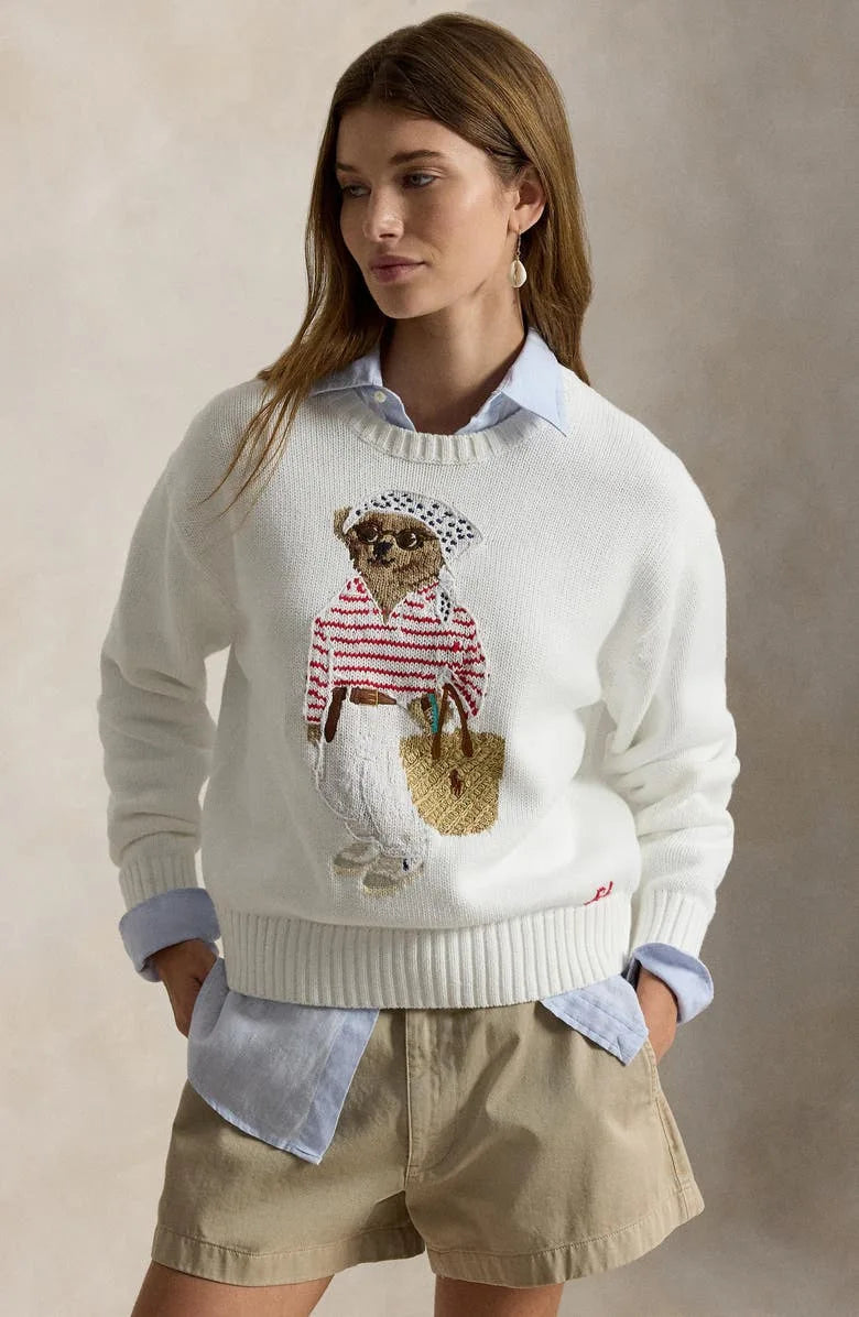 Loose Fit American Casual Long Sleeve Knitted Sweater round Neck White Comfortable Knitwear for Autumn Winter New Arrival