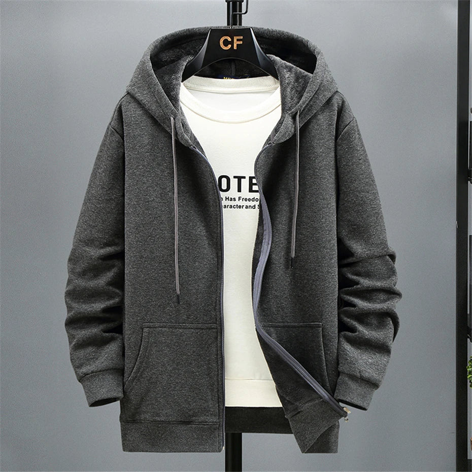 JUMPER Big Size Hoodie Men Autumn Winter Fleece Hoodies Solid Color Jacket Zip Up Hoodies 12XL Blue Black Red Grey