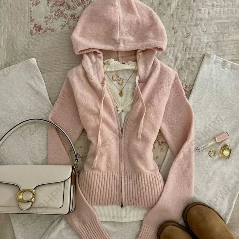 Hoodies Women's 2025 Gothic Aesthetic Autumn Winter Fur Collar Hoodie Casual Slim Chic Design Cardigan Sweatshirt 2000s Harajuku Clothes