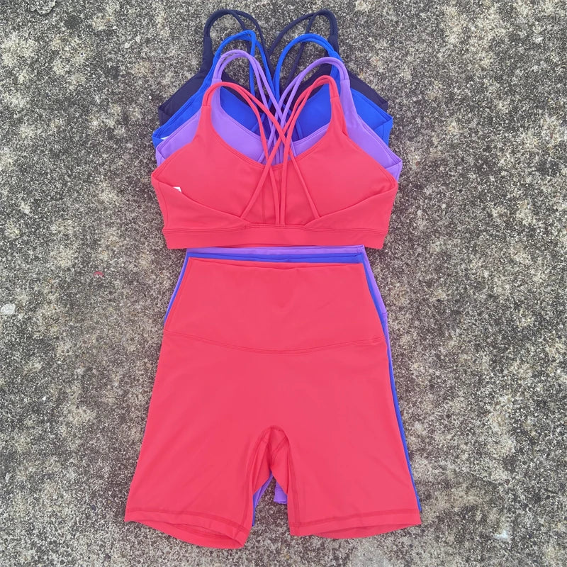 Legging Solid Color Gym Bike Yoga Set Short Legging Cross Back Sport Bra 2pc Tracksuit Athletic Women Gym Suit Comprehensive Training Jo