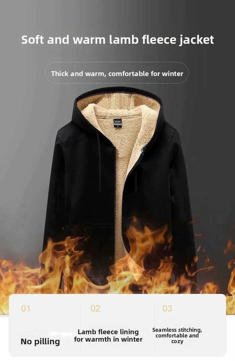 JUMPER Men's Winter Warm Lamb Velvet Hooded Zipper Cardigan Sweatirt Thiened Casual Outerwear Durable Stain-resistant Loose Fit