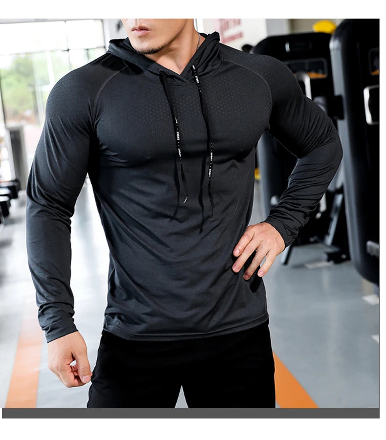 T-shirts Mens Fitness Tracksuit Running Sport Hoodie Gym Joggers Hooded Outdoor Workout Shirts Tops Clothing Muscle Training Sweatshirt