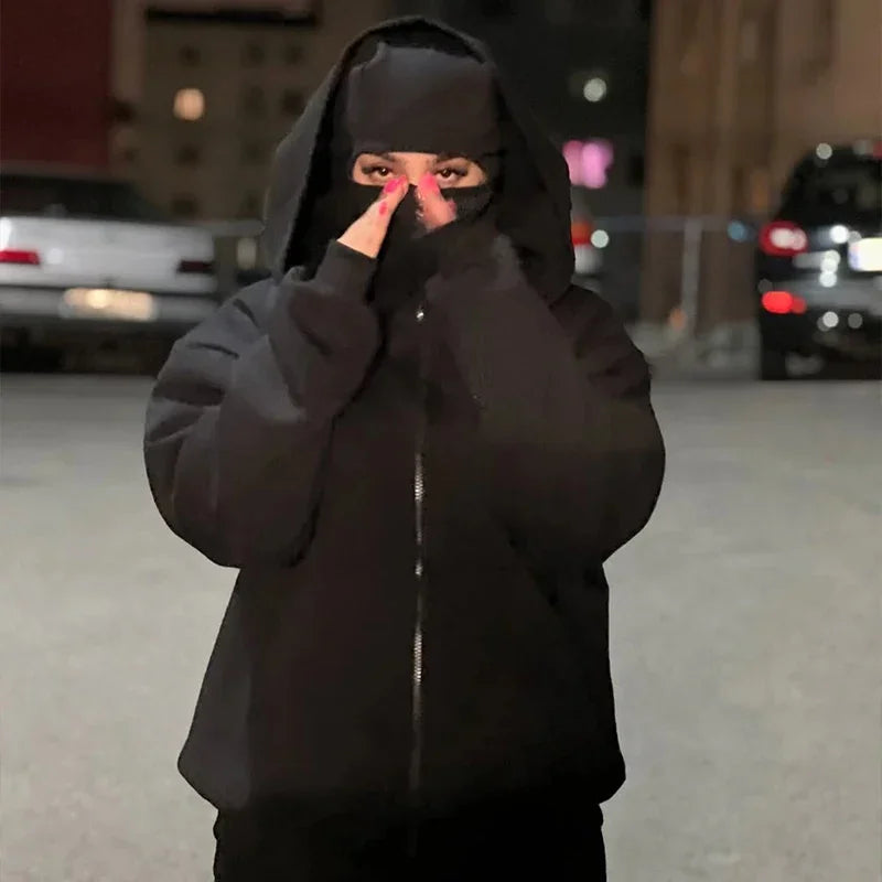 JUMPER Men and women Balaclava Y2K Gothic Harajuku winter new item double hooded sweatshirt men's hooded mask zipper sportswear