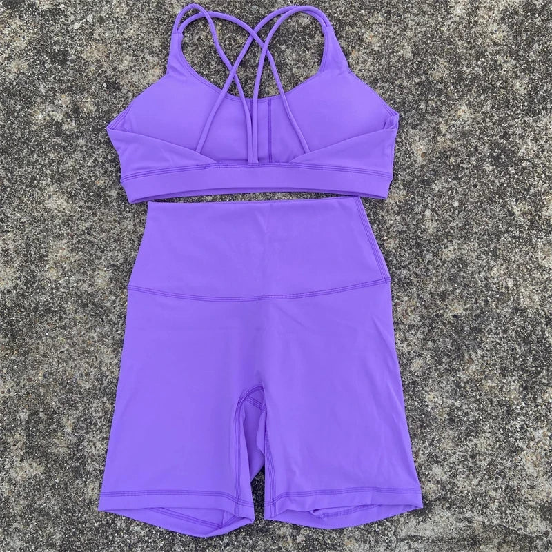 Legging Solid Color Gym Bike Yoga Set Short Legging Cross Back Sport Bra 2pc Tracksuit Athletic Women Gym Suit Comprehensive Training Jo