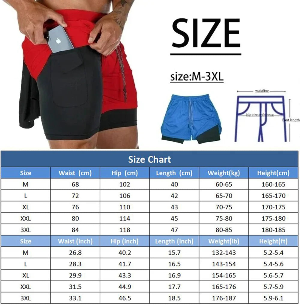 Shorts Men's Two-in-one Sports Shorts Breathable Casual Quick-drying Double-layer Shorts Summer Running Sportswear Bottoms M-3XL