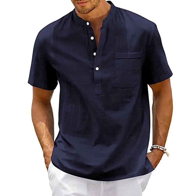 Men Short Sleeve T-shirt Solid Color Stand Collar Loose Pullover Shirt Thin Soft Comfortable Button T-shirt Top